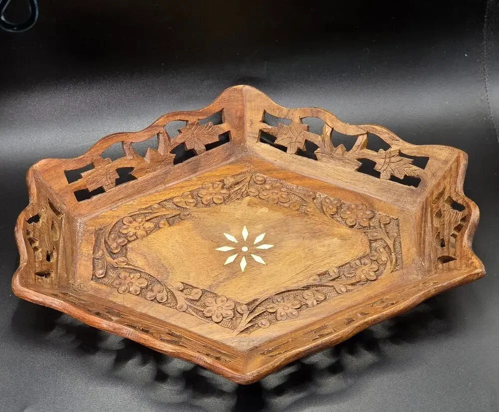 Hand Carved Wooden Bowl Tray 6 Sides Floral Leaf White Inlay Open Work Border